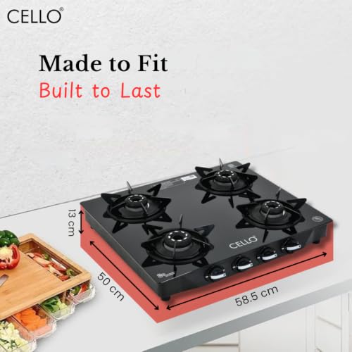 Image of Cello Dezire Plus 4 Burner Gas Stove | 6mm Toughened Glass | Manual Ignition | ISI Certified | Rapid Alloy Burnes | 1 Year Warranty | Hexa Pan Supports