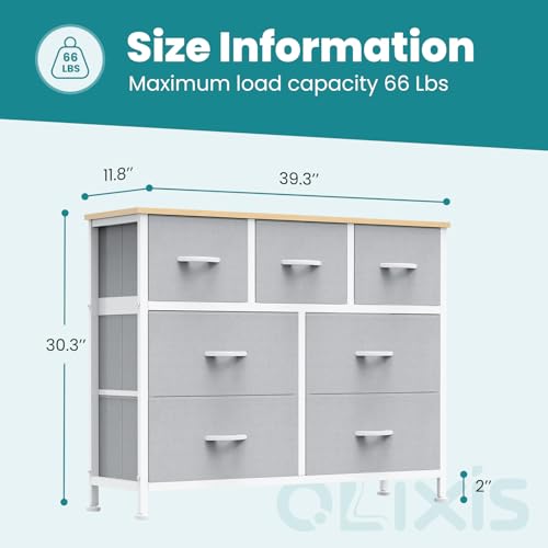 Image of OLIXIS 7 Drawer Closet Organizer Chest, Fabric Storage Tower with Sturdy Steel Frame, Wooden Top & Easy Pull Fabric Bins, Dresser for Bedroom Living Room Entryway Clothes Organization, Light Gray