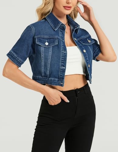 LifeShe Women Stretch Cropped Denim Jacket Short Sleeves Button Down Trucker Jean Jackets Coats3