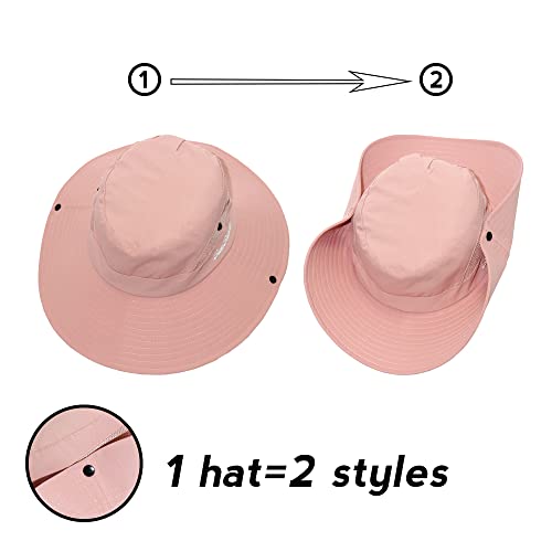 Womens Outdoor Sun Hat Breathable Packable Boonie Wide Brim Bucket Cap Fishing Hiking Ponytail Hole (Pure Pink) #TOP6