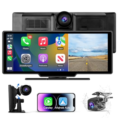 AWESAFE Carplay Voiture & Android Auto,10,26” Écran Carplay avec Dashcam Avant 4K, Caméra Arrière 1080P Inclus, Commande Vocale, BT/GPS/FM/AUX