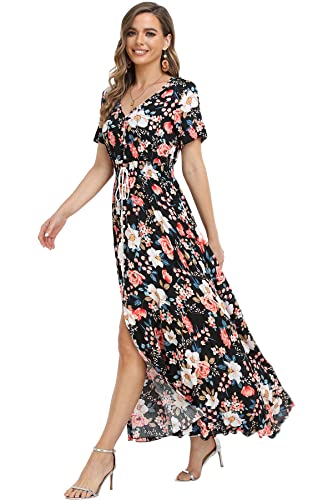 Image of VintageClothing Women's Floral Maxi Dresses Boho Button Up Split Summer Casual Long Dress Beach Party Dress