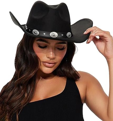 Eohak Western-Cowboyhut fr Damen, mit Nieten, breite Krempe, Fedora-Hut mit Grtelschnalle, Gre M/L