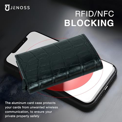 Image of Jenoss Smart Wallet For Men: Full Grain Leather, Handcrafted, Slide Metal Pop Up Case, Slim RFID Blocking Credit Card Holder, Minimalist Compact, 6-8 Cards Organizers, Front Pocket, Money Clip (Black)