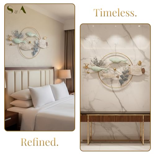Image of S & A Underwater Ocean Life Metal Wall Art Decor - Large 78cm Coastal Wall Hanging with Wooden Fish & Coral Accents, Ocean Theme Artwork for Living Room, Bedroom & Home Decoration