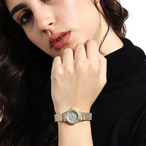 Image of Haute Sauce Women's Embellished Analog Dial with Stainless Steel Strap | Battery Power | Foldover Closure | Quartz Movement | Fashion Wrist Belt Watch for Female and Girls