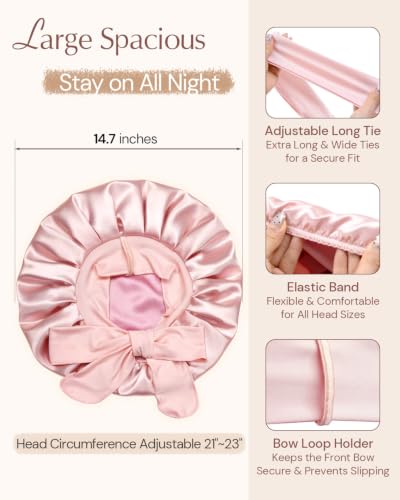 Image of BONNET QUEEN Silk Bonnet for Sleeping Women Hyaluronic Acid Infused Satin Bonnet for Curly Hair Double Layer Hair Wrap Adjustable Sleep Cap with Tie Band & Scrunchie, Pastel Pink & Rose Gold