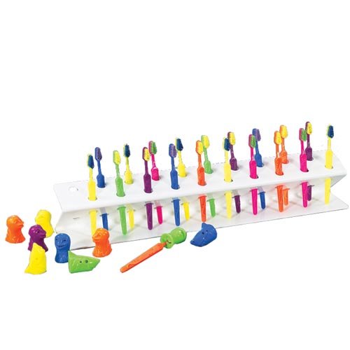 Kaplan Early Learning Toothbrush Rack with 20 Colorful Toothbrushes & 20 Fun Animal Head Covers
