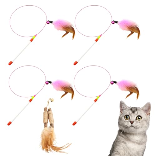 4er Katzenangel mit Federn – Set Katzenspielzeug für Erwachsene Katzen & Kitten | Interaktives Spielzeug für Katzen mit Katzenminze