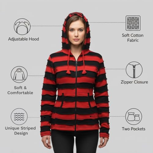 Shopoholic Fashion Women Pixie Zip Up Hoodie Striped Hippie Jacket Sweater [M,Red Black] by Shopoholic Fashion - Used condition - Image 4