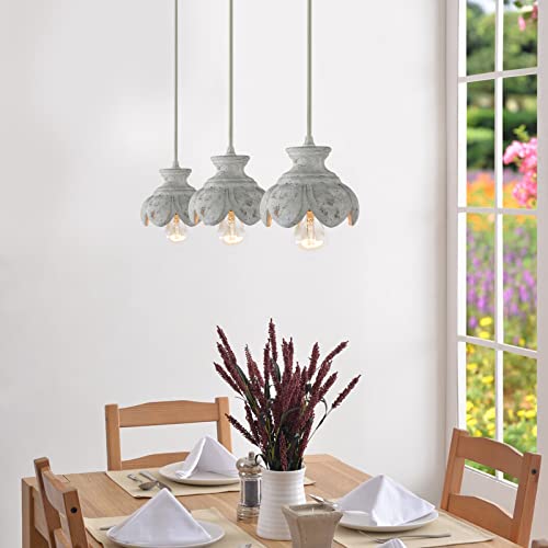 Wood Plug In Hanging Light Distressed White Flower 1-Light Handmade Pendant Light Ceiling Lamp Small Vintage French Country Chandelier For Bedroom Kitchen Dining Living Room, Dimmer & Swag Hook & Cord #TOP3