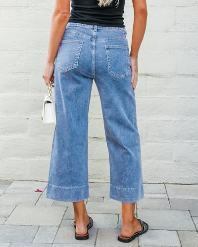GRAPENT Casual Women's Capri Denim Pants - Stretchy High Waisted Wide Leg Cropped Jeans for Women - Ladies Roadknight Blue Size 12 to 14