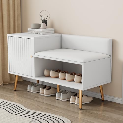 KAZZIO Zapatero moderno y lujoso con espacio de almacenamiento, asiento acolchado y respaldo. Zapatero con asas de metal y patas de metal. Perfecto para la entrada. Dimensiones: 100 x 40 x 58 cm