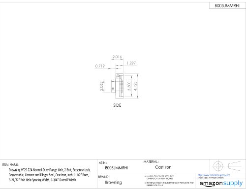Browning VF2S-224 Normal-Duty Flange Unit, 2 Bolt, Setscrew Lock, Regreasable, Contact and Flinger Seal, Cast Iron, Inch, 1-1/2" Bore, 5-21/32" Bolt Hole Spacing Width, 6-3/4" Overall Width