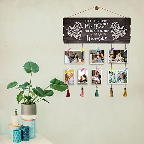 Yudarte Mother's Day Picture Gifts For Mom - To The World You Are A Mother But To Our Family You Are The World Rustic Wall Decor - Collage Picture Hanging Display Board With Clothespins And Tassel #TOP3