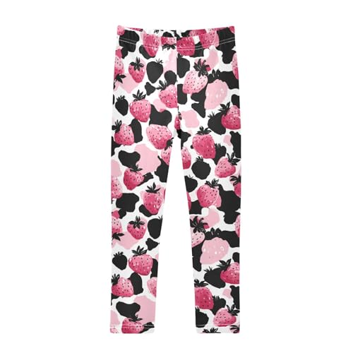 Strawberry Cow Print Girls Leggings Soft Stretch Workout Yoga Dance Pants for Kids Casual Tights