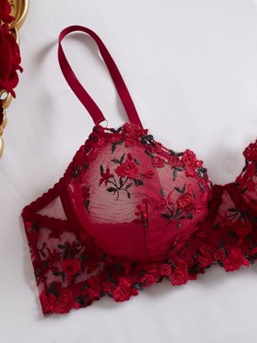 Image of Sexy Floral Embroidered Flower Mesh Underwire Push Up Lingerie Set