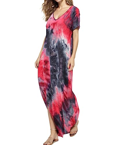 Image of Match Women's V-Neck Casual Loose Short Sleeve Long T-Shirt Dress Split Maxi Dress with Side Pocket