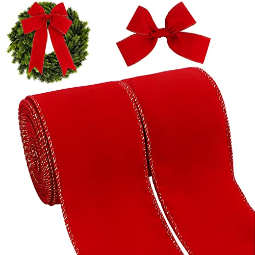 Kingovalley 2 Rollen Weihnachtsband mit Draht, 6.3 cmx9.1 m, rotes Samtband mit Goldrand, Vintage-Weihnachts-Geschenkband für Weihnachten, Basteln, Zuhause, Girlande, Schleife, Türkranz, Dekorationen Cover
