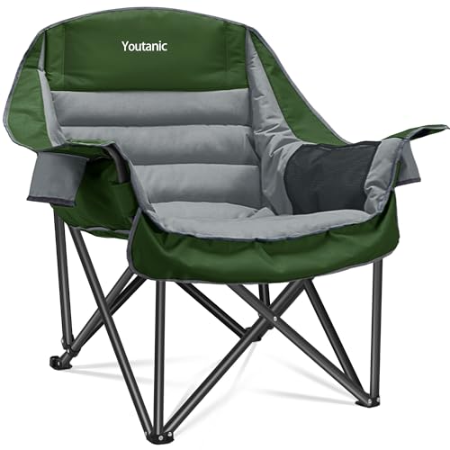 Oversized Camping Chair, Portable Folding Camping Chairs with Side Pocket, Cup Holder and Carry Bag, Heavy Duty Outdoor Camping Chairs for Adults, Fis