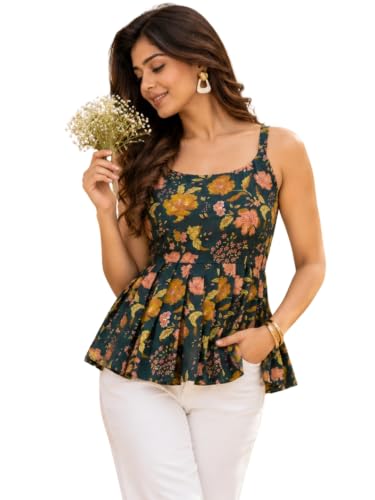Image of feranoid Women Cotton Printed Sleeveless Strap Peplum Top