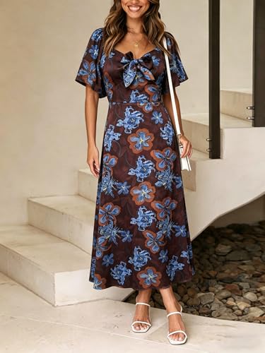 Image of Fashionme Womens Dresses 2026 Maxi Dresses Deep V Neck Elegant Bow Tie Front Cap Sleeve Summer Floral Satin Smocked Dress