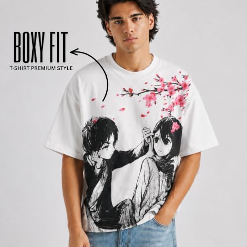 Image of Anime Printed Oversized Cotton Casual Round Neck T-Shirt for Men and Boys | Sharp, Eren yeagear & Mikasa akerman Japanese Streetwear Aesthetics
