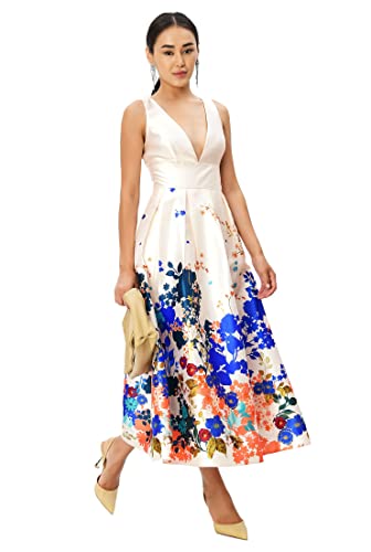 Eshakti Women's Placed Floral Print Dupioni Empire Dress 4X-30W Rich Cream Multi #TOP2