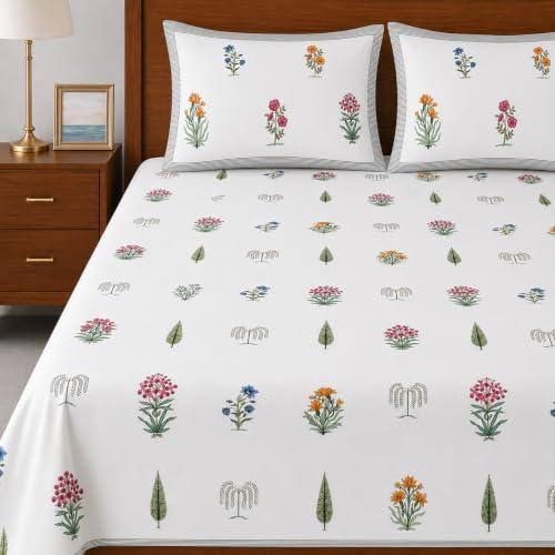 Image of elanorhomes 100% Cotton King Size Bedsheet, 240 TC Soft Breathable Bed Sheet with 2 Pillow Covers, Floral Hand Printed Cotton Bedsheet for Double Bed, Machine Washable, 90x108 inch (Gulzaar)
