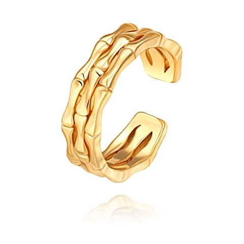 CANEVINKA 18k Gold Plated Bamboo-like Knuckle Ring High Polish Chunky Thumb Finger Jewelry Minimalist Adjustable Comfort Fit Open Ring for Women Cover