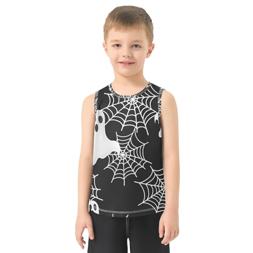 Bolaz Boys Athletic Quick Dry Tank Top Sleeveless Workout T Shirts Age 11-15,White Ghost Spider Web Pattern2