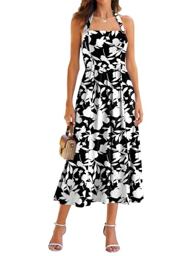 Image of YIOYOLA Women Sleeveless Halter Sleeveless Drop Waist Corset Midi Dress Swing Flowy Beach Sundresses with Pockets