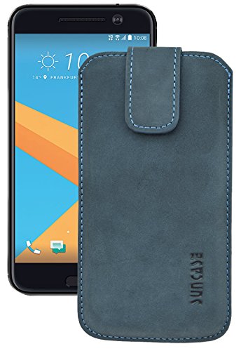 Suncase ECHT Ledertasche Leder Etui *Slim-Edition* für HTC 10 (mit Rückzugsfunktion & Magnetverschluss) Pebble-Blue