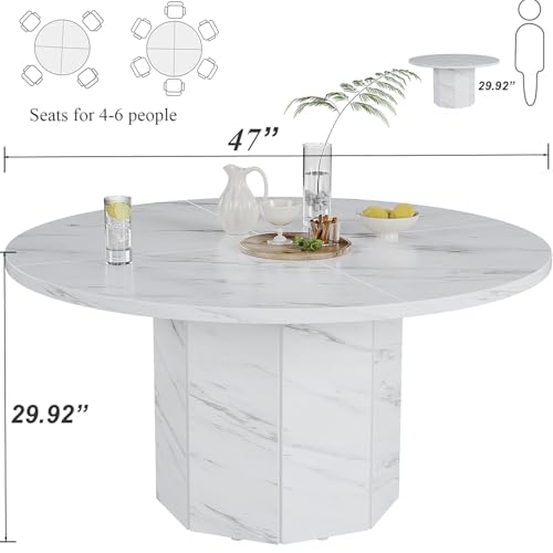 HSH Round Dining Table for 4-6, 47” White Faux Marble Dinner Table only, Modern Circle Kitchen Table for Home Living Room, Industrial Wood Dining Room Table with Octagon Base, White Marble