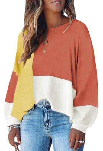 Image of ECOWISH Women Sweater Long Sleeve Color Block Knit Pullover Sweaters Crew Neck Patchwork Casual Loose Jumper Tops