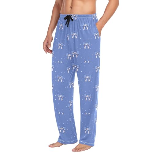 Men's Blue Polka Dots and Bows Pajama Pants with Pockets - Straight Fit Cotton Sleep Bottoms for Lounge & Nightwear4