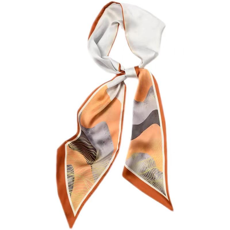 GIMIRO Satin Seidenschal 148 x 13 5 cm Schal für Damen Orange und Grau Abstraktes Bergmuster Elegantes Accessoire (49#ZGF Orange -Gray)