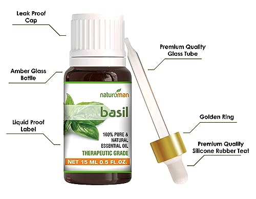 Image of Naturoman Pure and Natural Essential Oil | Therapeutic Grade | Suitable for All Skin Types | Natural & Pure | For Skin, Hair, Face & Body | Pack of 1 | 15 ml (Basil)
