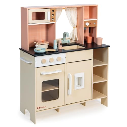 Mentari Toys - Cream Play Kitchen - Ensemble de cuisine en bois avec machine à expresso, distributeur de glaçons et micro-ondes pour enfants - Favorise l'imagination et la motricité fine