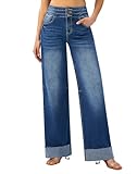 roswear Women's High Waisted Stretchy Wide Leg Jeans Cuffed Baggy Jeans Loose Denim Pants Blue Medium
