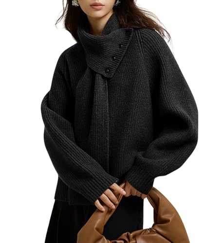 chouyatou Women's Casual V Neck Pullover Sweaters Ribbed Knit Slouchy Jumper Tops with Removable Scarf