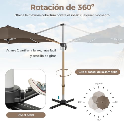 COSTWAY Sombrilla Terraza Exterior con Base 3.39x3.39m, Parasol Jardin Excentrico, Rotación de 360°, Inclinación Ajustable, Guarda Sol Jardin Exterior, Manivela y Base en Cruz (café) - imagen 5