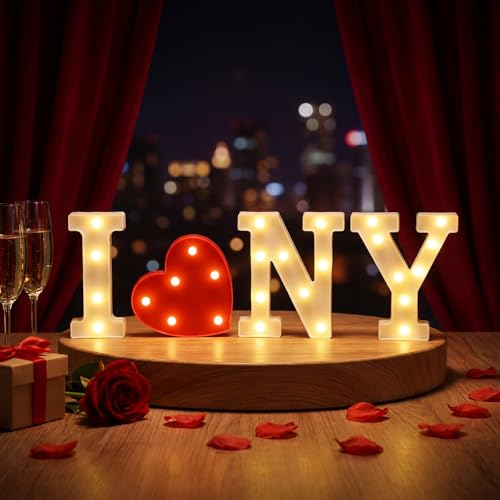 Ganeen Lettres lumineuses à DEL « I Love Ny » - Décorations de fête à thème New York pour fête à thème NYC, anniversaire, décoration de table, fournitures de...