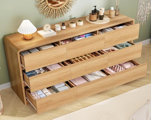 Image of TEENFON 9 Drawer Dresser for Bedroom, 63 inch Wide Dressers & Chest of Drawers with Curved Profile Design, Wood Closet Storage Dressers Organizer for Bedroom, Living Room, Natural