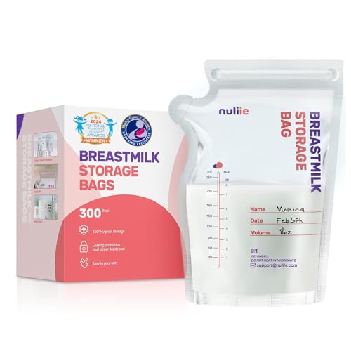 Image of Nuliie 300 Pcs Breastmilk Storage Bags, 8 OZ Breast Milk Storing Bags, BPA-Free, Milk Storage Bags with Pour Spout for Breastfeeding, Self-Standing Bag, Space Saving Flat Profile