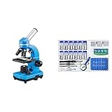 Bresser Junior Schülermikroskop BIOLUX SEL mit Smartphonehalter, blau & Bresser Junior Experimentier-Set zum Einstieg in die Mikroskopie mit Objektgläsern, Lupe, Mikroskopierbesteck