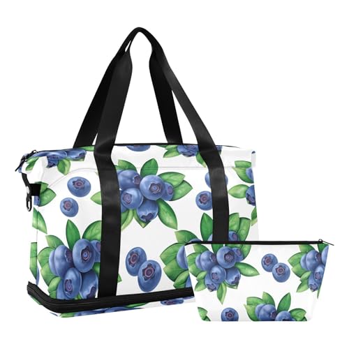 Blueberry Leaves White Travel Duffel Bag for Women Men Gym Bag with Shoe Compartment Wet Pocket Carry On Weekender Overnight Bags for Travel Hospital Gym2