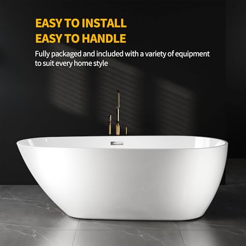 Image of 67 Inch Acrylic Freestanding Bathtub, Deep White Oval Pearl-Shape Soaking Tub, Modern Stand Alone Bathtub with Non-Slip Base, Chrome Overflow & Pop-Up Drain, Easy Assembly for Bathroom, Home, Spa
