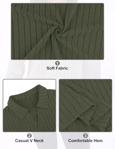 Image of Koscacy Women Plus Size Casual Knit Sweater Lapel V Neck Solid Color Tops Lightweight Long Sleeve Blouses