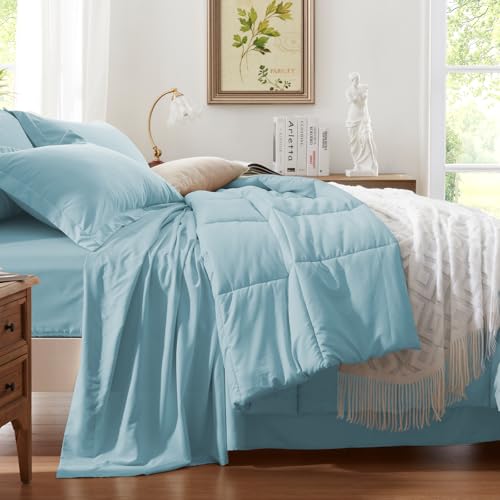 Anluoer Full Comforter Set 7 Piece, Light Blue Bed in a Bag with Sheets, Comforters Full Size Bedding Sets with 1 Comforter, 2 Pillow Shams, 2 Pillowcases, 1 Flat Sheet,1 Fitted Sheet